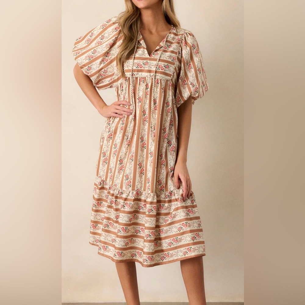 entro Cream and Pink Floral Stripe Midi Dress